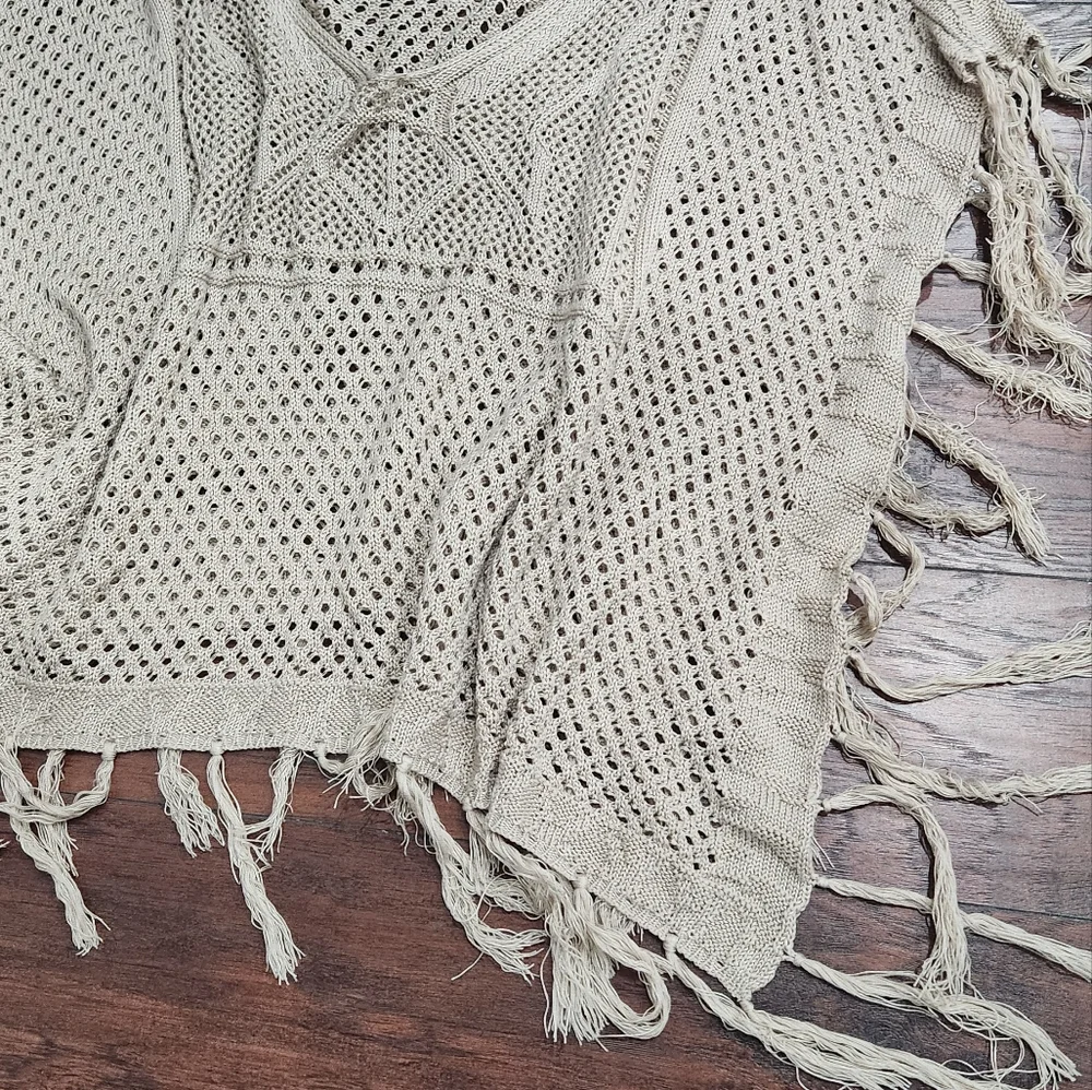 Boho Knit Crochet Poncho Fringe Sweater XL - Picture 5 of 11
